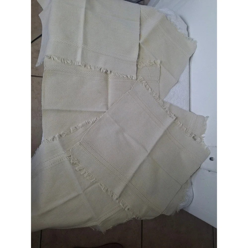 Vintage Woven Cotton Placemats Set 6 Cream Neutral Boho Farmhouse Fringed Edge